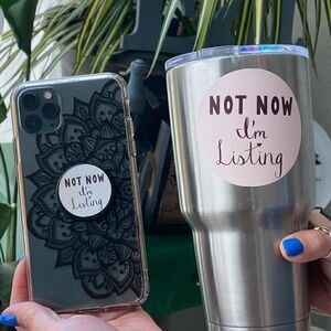 “Not Now I’m Listing” Waterproof Stickers Round Pink Bundle White